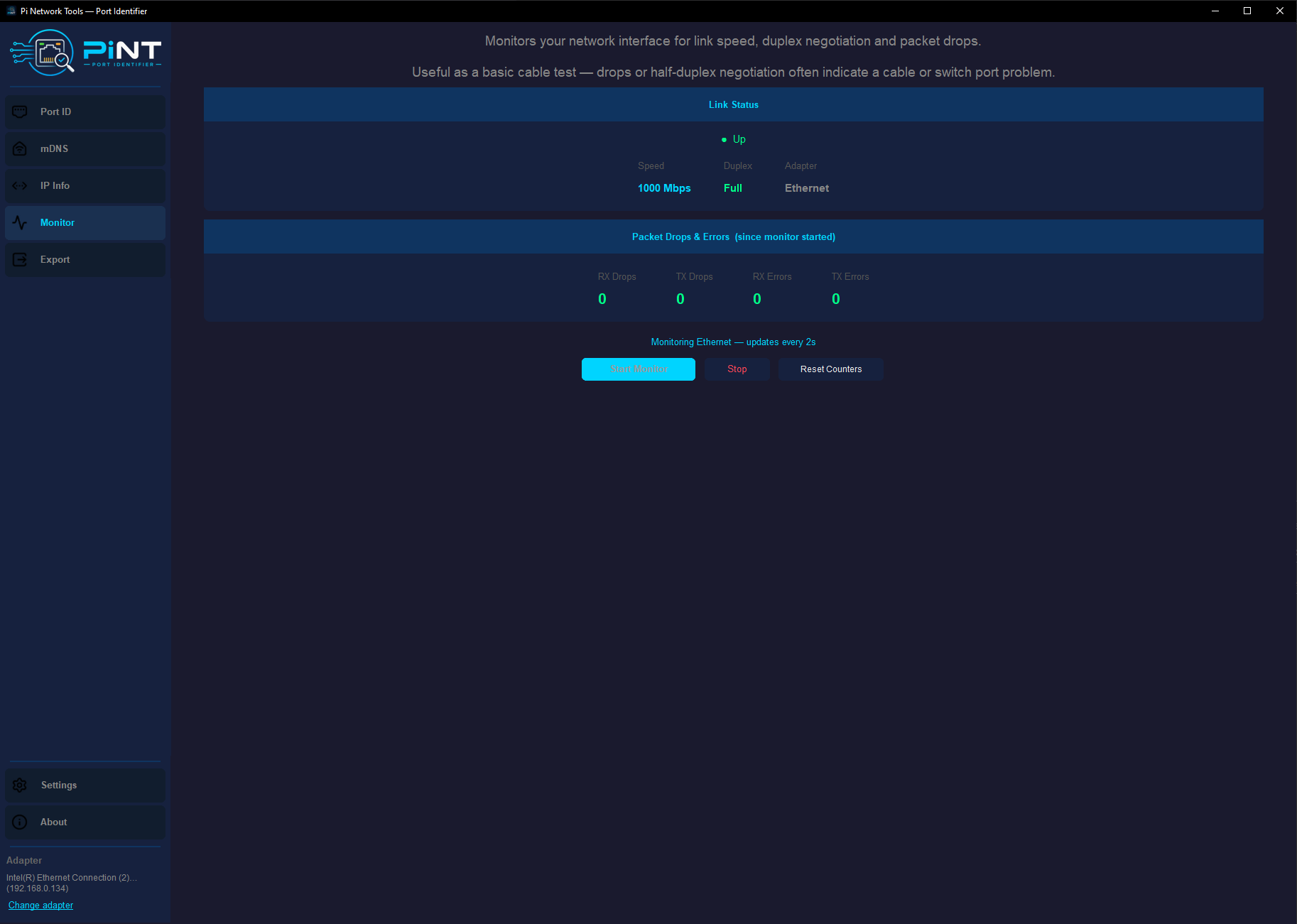 PiNT Desktop — Port monitor tab