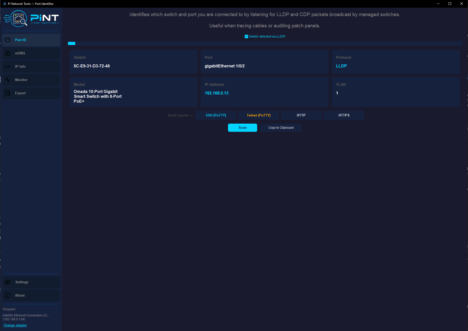 PiNT Desktop — Port ID tab showing LLDP detection